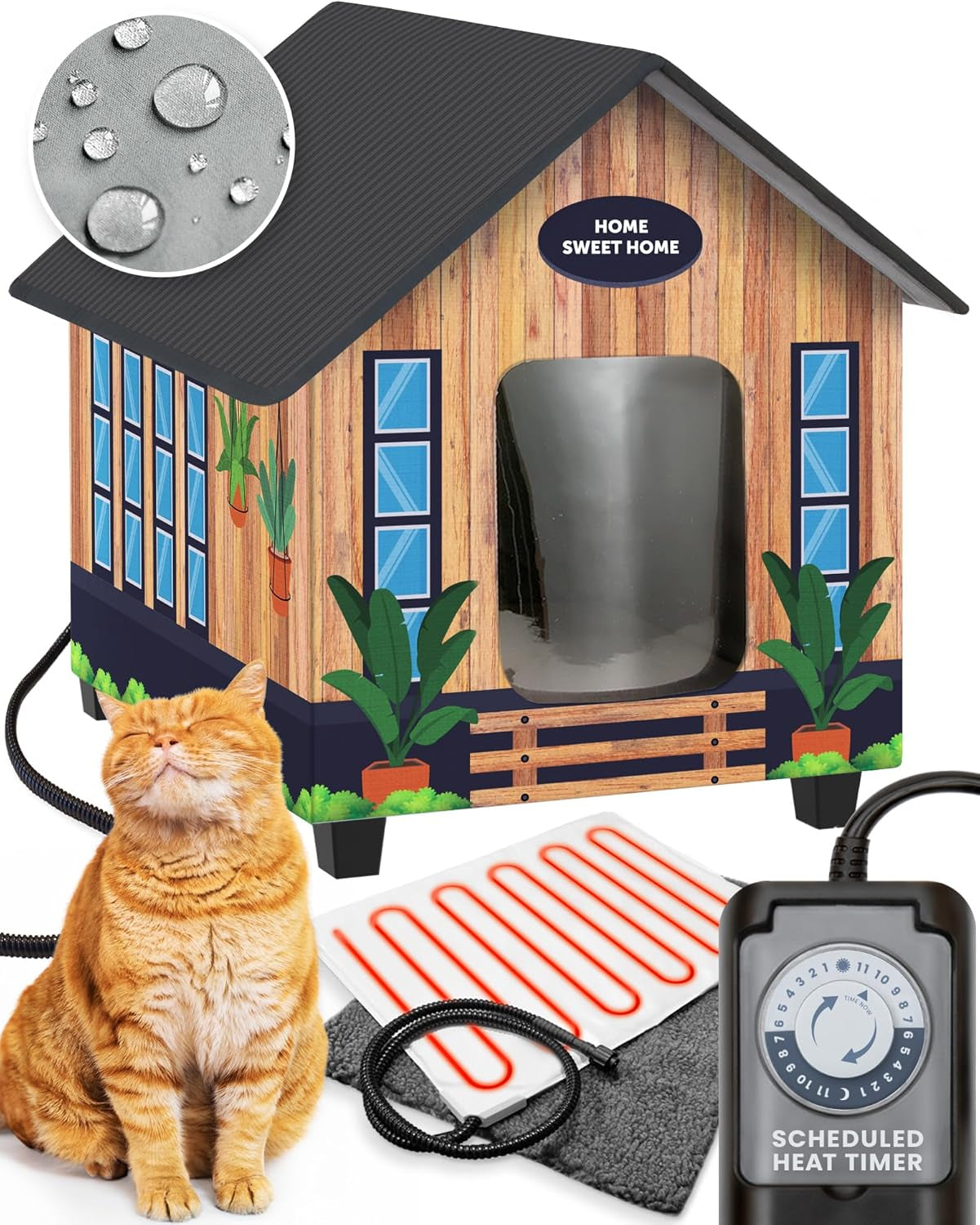 Deluxe Heated Cat House for Winter - Weatherproof, Insulated, Easy Assembly, Cat Heating Pad, Dual Escape Doors, Outdoor & Indoor Cat House - Coffee Pethouse