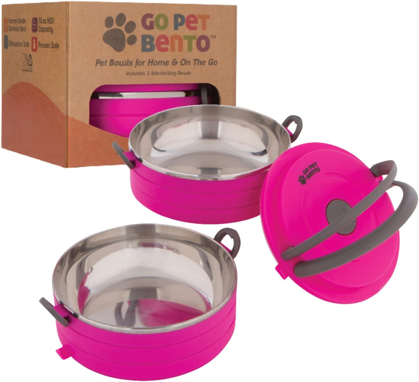 Travel Pet Bento Bowls - Human-Grade Stainless Steel & Bpa-Free, Leak-Proof Water & Food Container Set for Dogs & Cats, 4-Pack Interlocking Bowls, Includes Spare Clips & Handle (Pink)