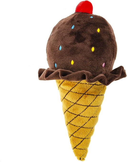 10 Inch Plush Pet Toy Chocolate Ice Cream Cone with Cherry on Top and Sprinkles with Squeaker Dog Chew Toy