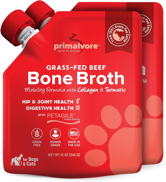 Grass-Fed Beef Bone Broth for Dogs &Cats, Mobility Formula W/Collagen Peptides to Help Support Hip & Joints, Digestion, Skin & Coat and Hydration, Human Grade, Made in USA. Beef 2 Pack
