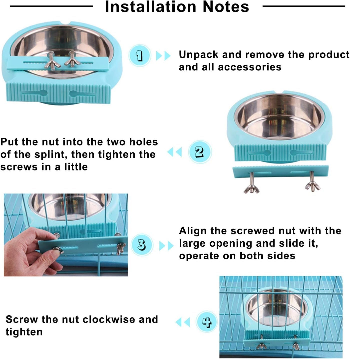 Crate Dog Bowl Removable Stainless Steel Water Food Feeder Bowls Cage Coop Cup for Cat Puppy Bird Pets (Large, Blue with Corrugated Clip)