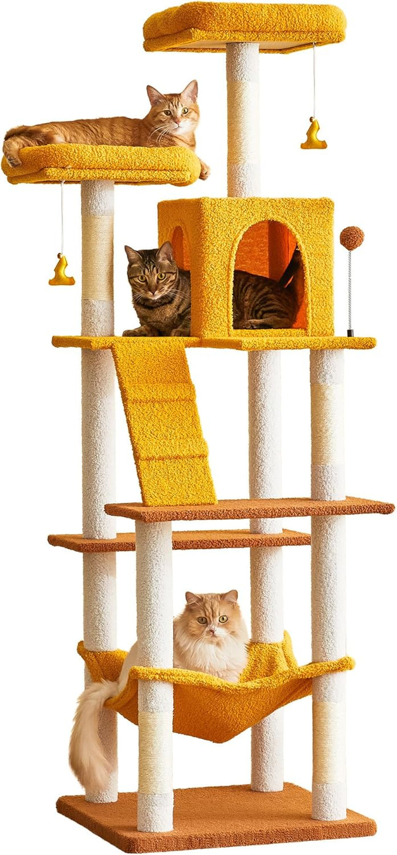 63.8 Inches Multi-Level Cat Tree for Large Cats with Sisal-Covered Scratching Posts, Padded Platform, Hammock and Condo,Stable Cat Tower Cat Condo Pet Play House-Smoky Gray