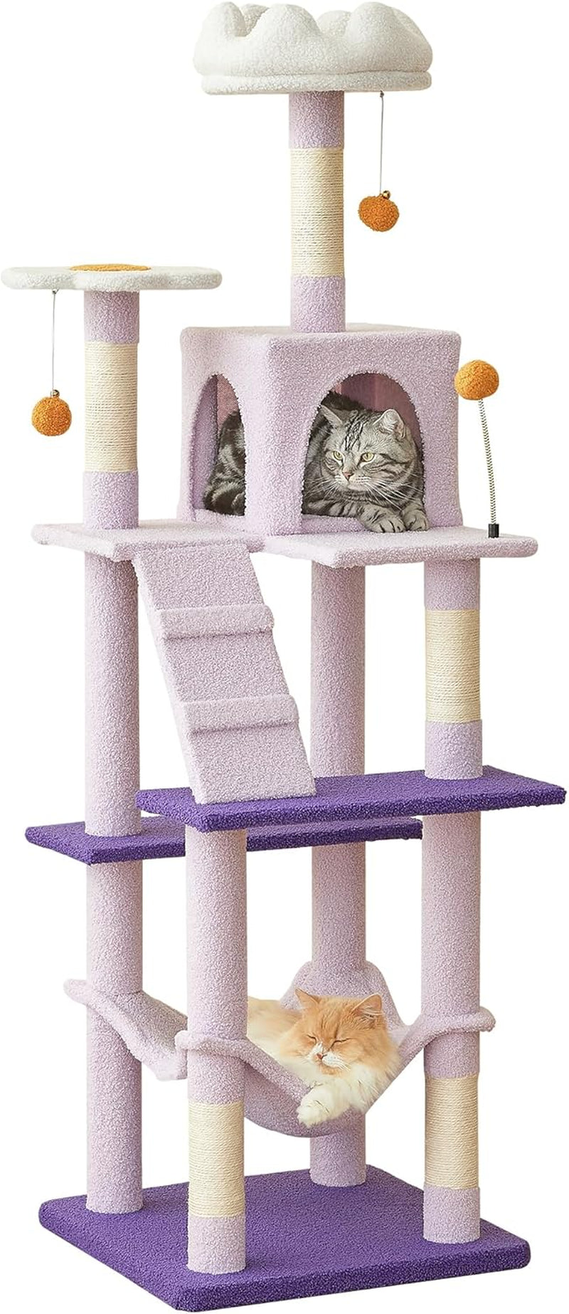 63.8 Inches Multi-Level Cat Tree for Large Cats with Sisal-Covered Scratching Posts, Padded Platform, Hammock and Condo,Stable Cat Tower Cat Condo Pet Play House-Smoky Gray