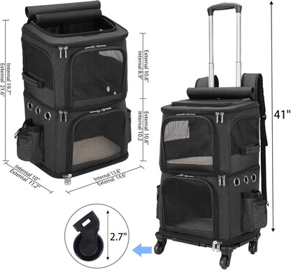 Double-Compartment Pet Carrier Backpack with Wheels for Small Cats and Dogs, Cat Rolling Carrier for 2 Cats, Perfect for Traveling/Taking a Walk/Trips to the Vet, Black