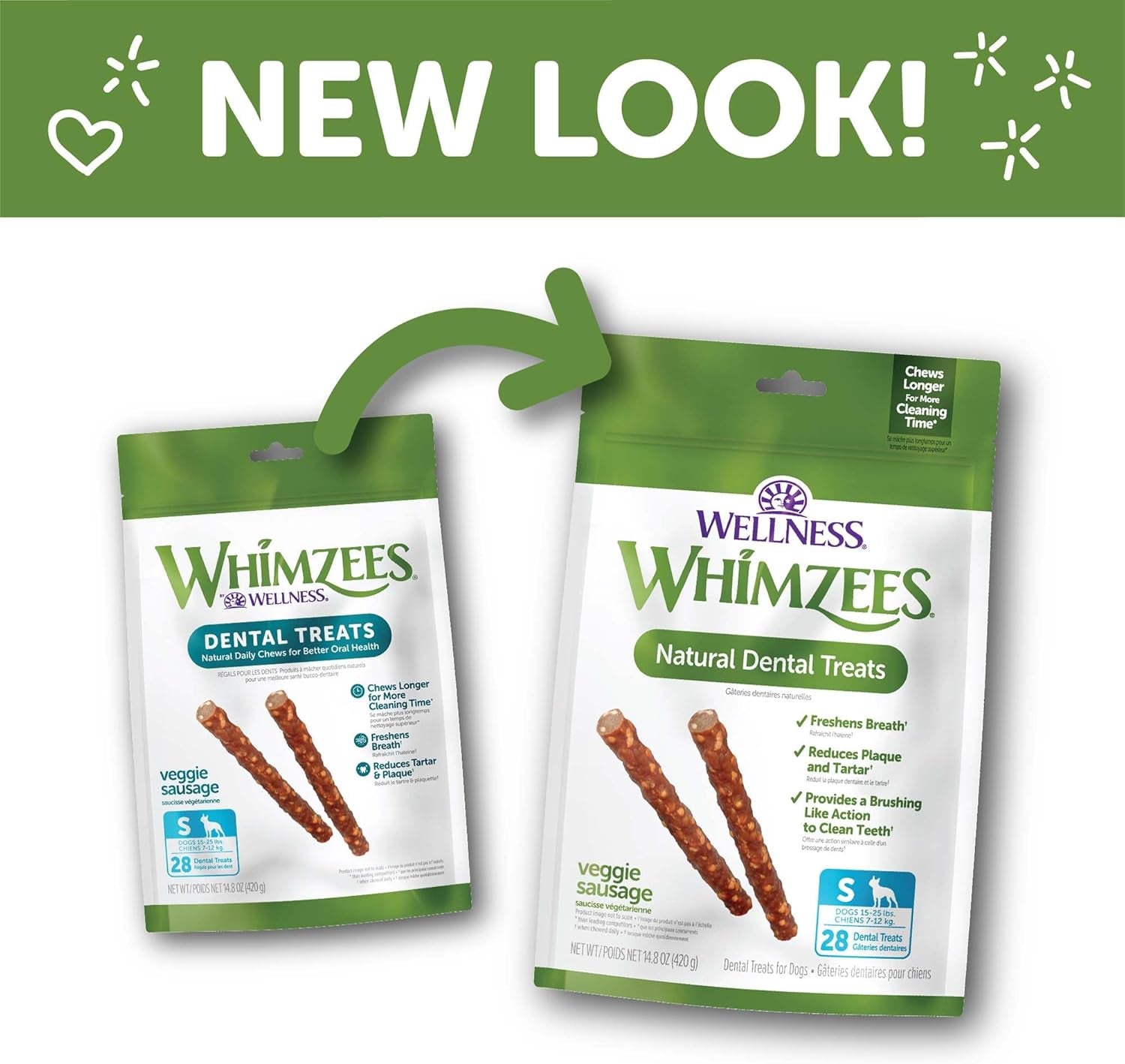 Wellness Veggie Sausage Dog Dental Treats, Natural Chews, Small Size Stick, (28 Count)