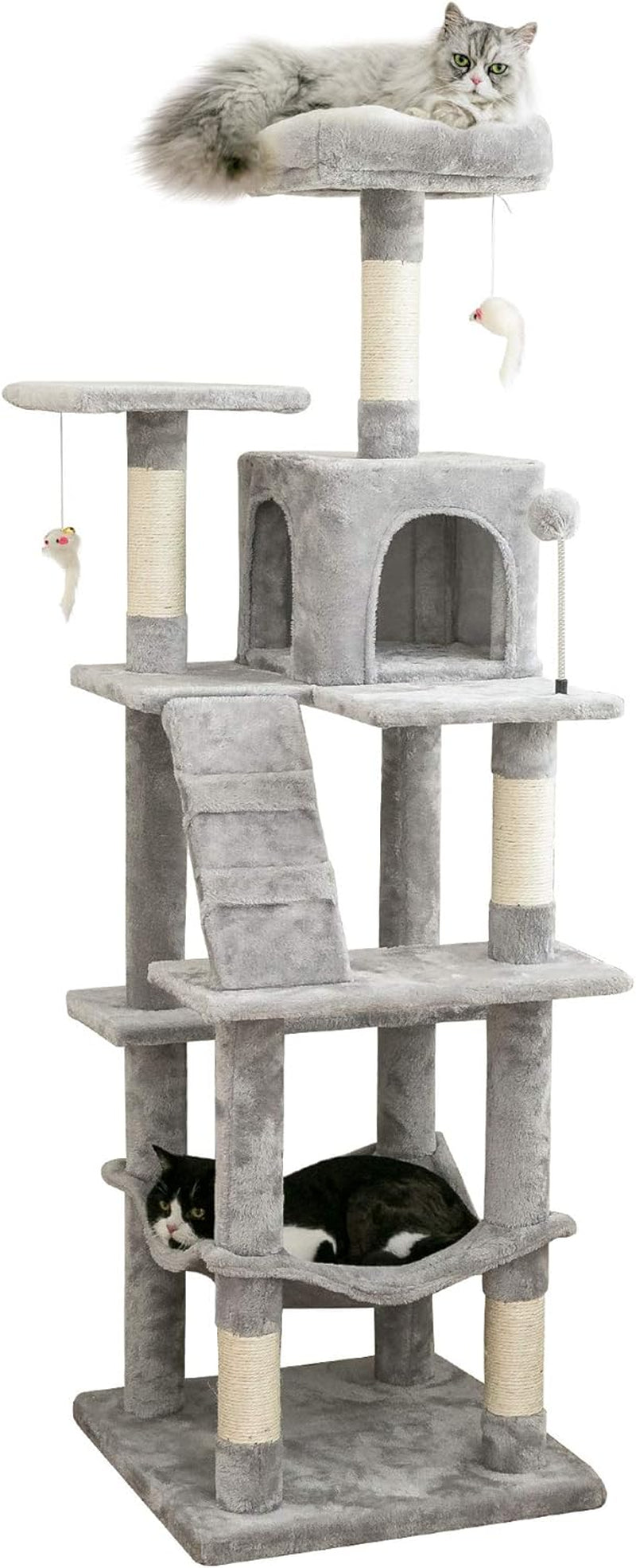 63.8 Inches Multi-Level Cat Tree for Large Cats with Sisal-Covered Scratching Posts, Padded Platform, Hammock and Condo,Stable Cat Tower Cat Condo Pet Play House-Smoky Gray