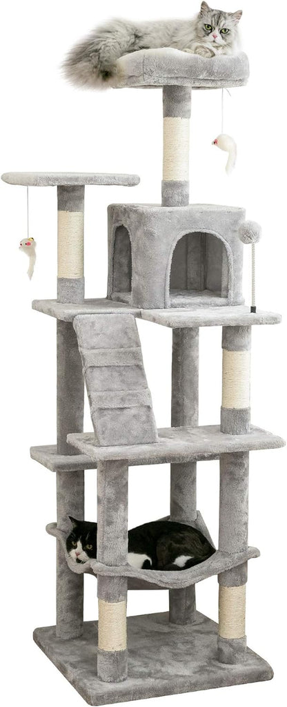 63.8 Inches Multi-Level Cat Tree for Large Cats with Sisal-Covered Scratching Posts, Padded Platform, Hammock and Condo,Stable Cat Tower Cat Condo Pet Play House-Smoky Gray