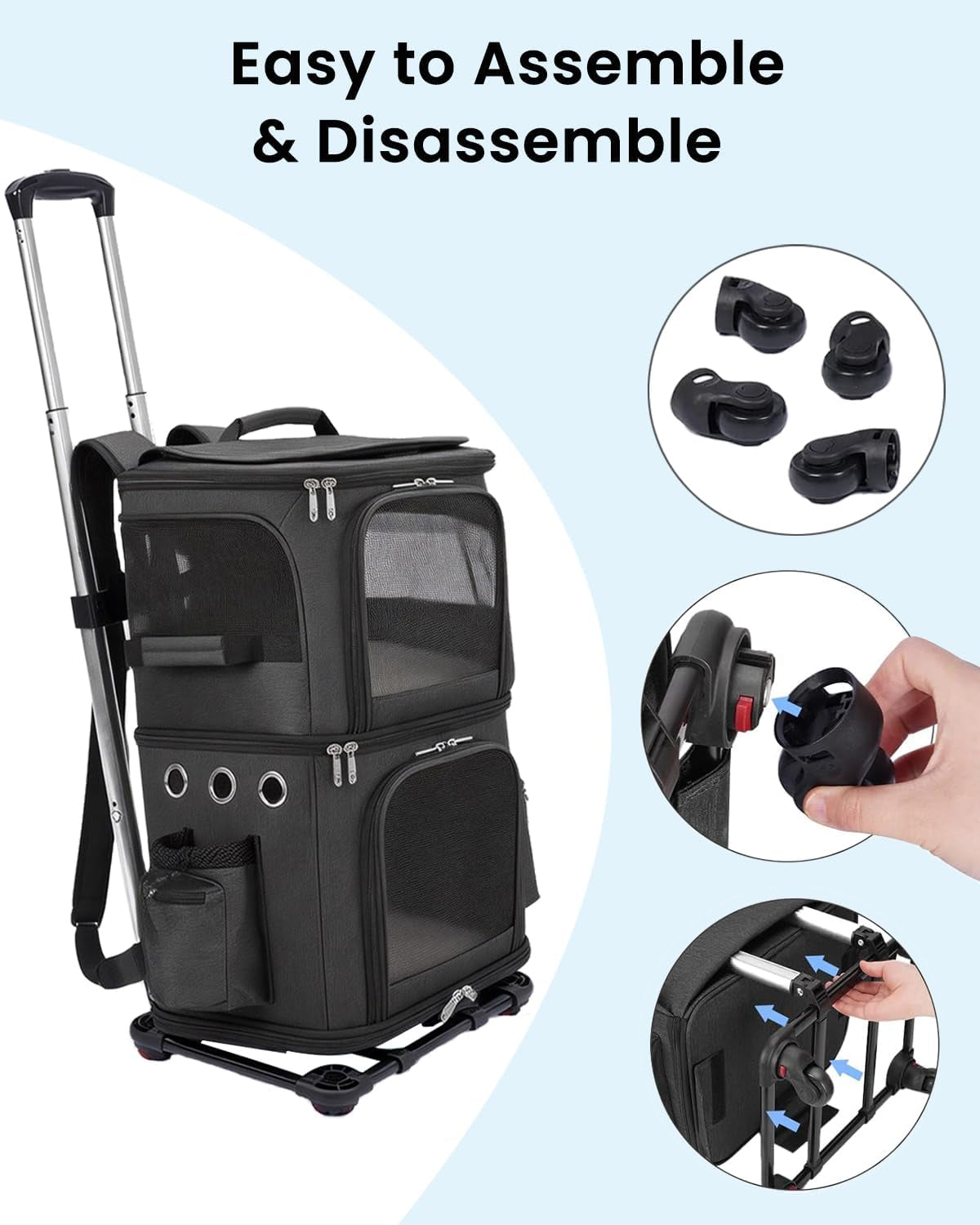 Double-Compartment Pet Carrier Backpack with Wheels for Small Cats and Dogs, Cat Rolling Carrier for 2 Cats, Perfect for Traveling/Taking a Walk/Trips to the Vet, Black
