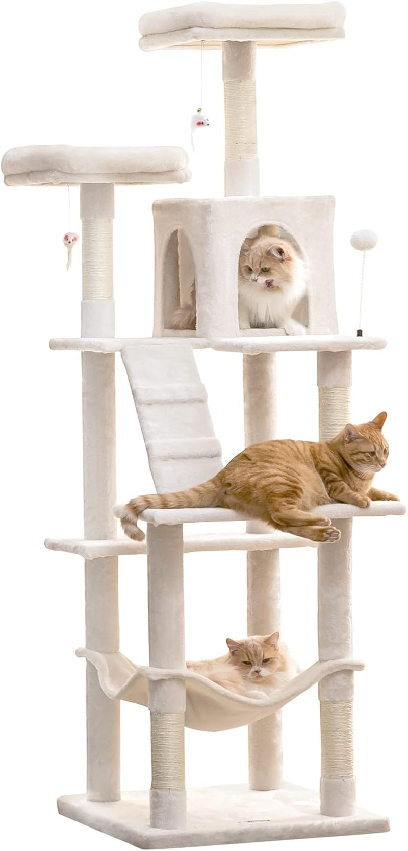 63.8 Inches Multi-Level Cat Tree for Large Cats with Sisal-Covered Scratching Posts, Padded Platform, Hammock and Condo,Stable Cat Tower Cat Condo Pet Play House-Light Gray