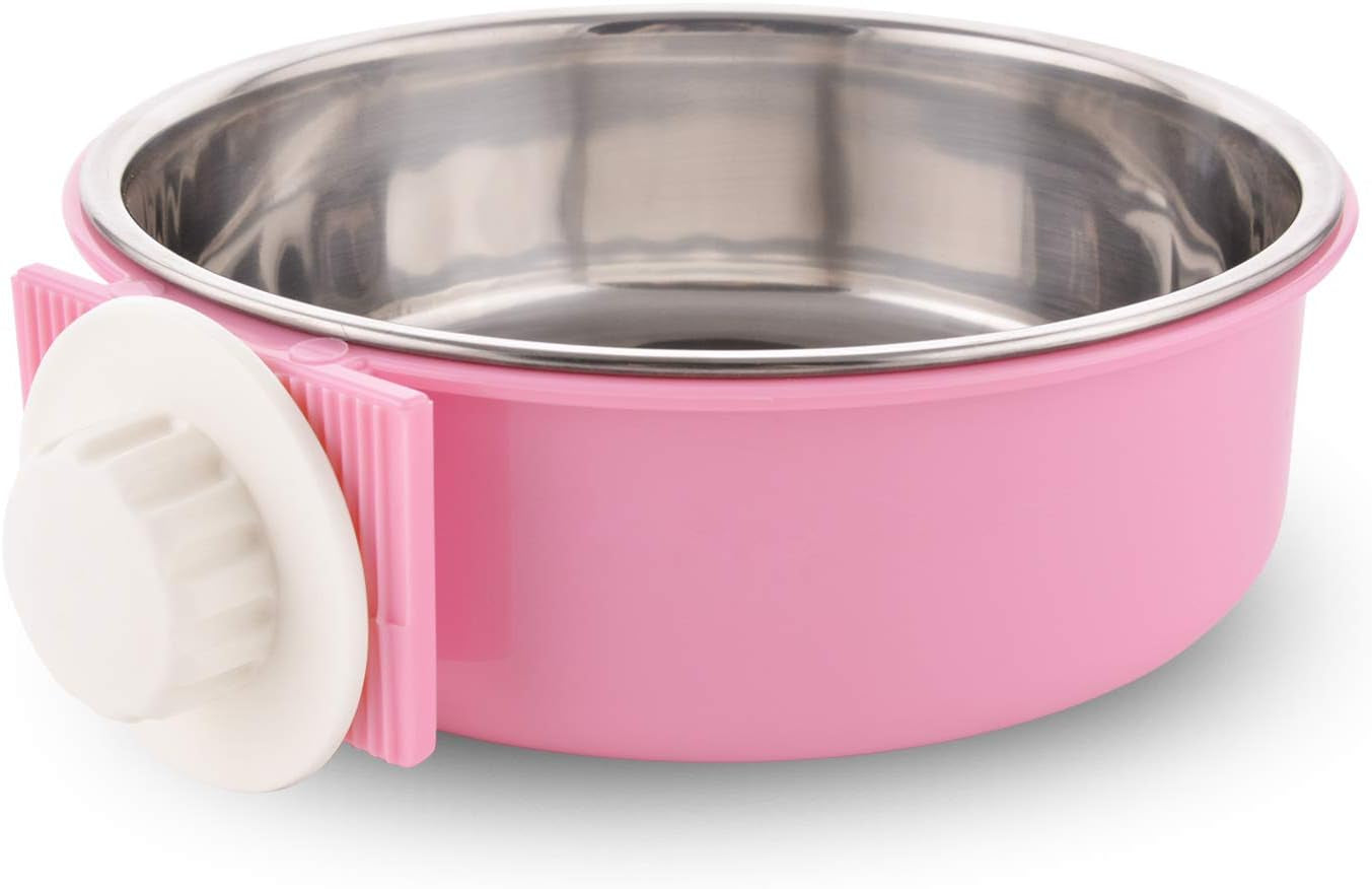 Crate Dog Bowl Removable Stainless Steel Water Food Feeder Bowls Cage Coop Cup for Cat Puppy Bird Pets (Large, Blue with Corrugated Clip)