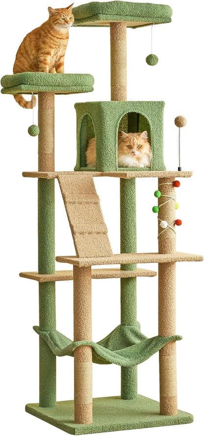 63.8 Inches Multi-Level Cat Tree for Large Cats with Sisal-Covered Scratching Posts, Padded Platform, Hammock and Condo,Stable Cat Tower Cat Condo Pet Play House-Light Gray