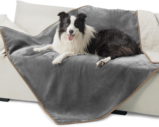 Waterproof Dog Blankets for Extra Large Dogs - XL Cat Blanket Washable for Couch Protection, Sherpa Fleece Puppy Blanket, Soft Plush Reversible Throw Furniture Protector, 50X60, Grey
