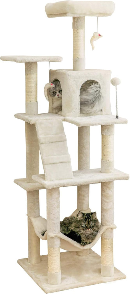 63.8 Inches Multi-Level Cat Tree for Large Cats with Sisal-Covered Scratching Posts, Padded Platform, Hammock and Condo,Stable Cat Tower Cat Condo Pet Play House-Light Gray