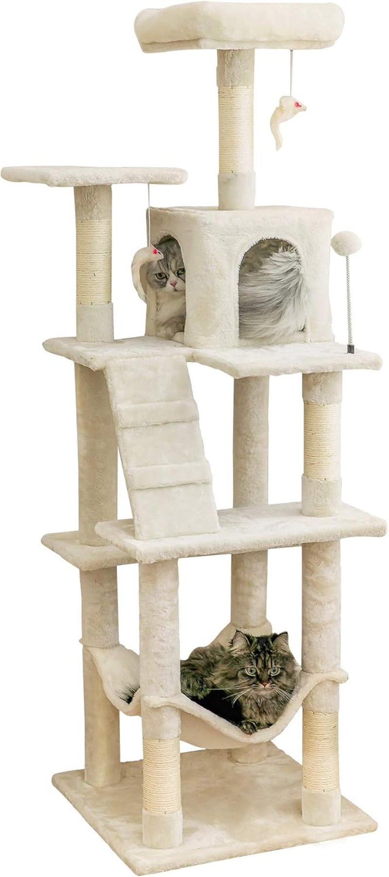 63.8 Inches Multi-Level Cat Tree for Large Cats with Sisal-Covered Scratching Posts, Padded Platform, Hammock and Condo,Stable Cat Tower Cat Condo Pet Play House-Smoky Gray