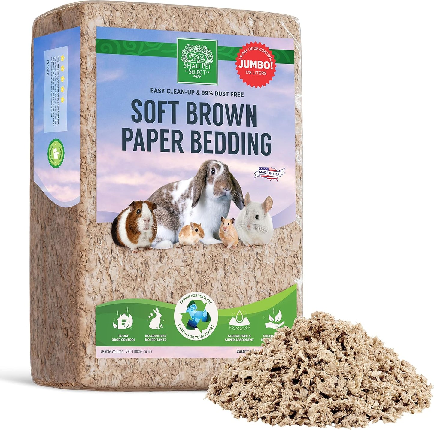 Brown Natural Paper Bedding, Soft Animal Bedding with Odor Control for Guinea Pig, Rabbit, Hamster, or Bunny, Cage Accessories, Made in the USA, 178L (2 Pack)