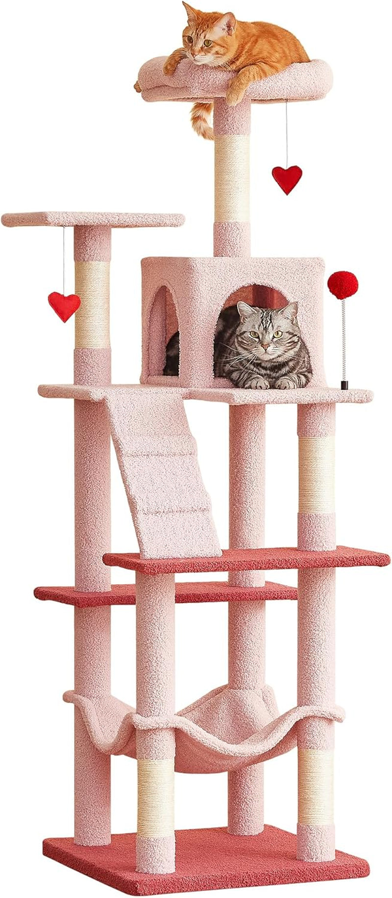 63.8 Inches Multi-Level Cat Tree for Large Cats with Sisal-Covered Scratching Posts, Padded Platform, Hammock and Condo,Stable Cat Tower Cat Condo Pet Play House-Light Gray