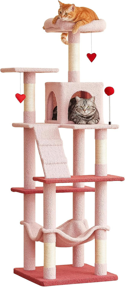 63.8 Inches Multi-Level Cat Tree for Large Cats with Sisal-Covered Scratching Posts, Padded Platform, Hammock and Condo,Stable Cat Tower Cat Condo Pet Play House-Light Gray
