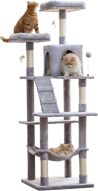 63.8 Inches Multi-Level Cat Tree for Large Cats with Sisal-Covered Scratching Posts, Padded Platform, Hammock and Condo,Stable Cat Tower Cat Condo Pet Play House-Light Gray