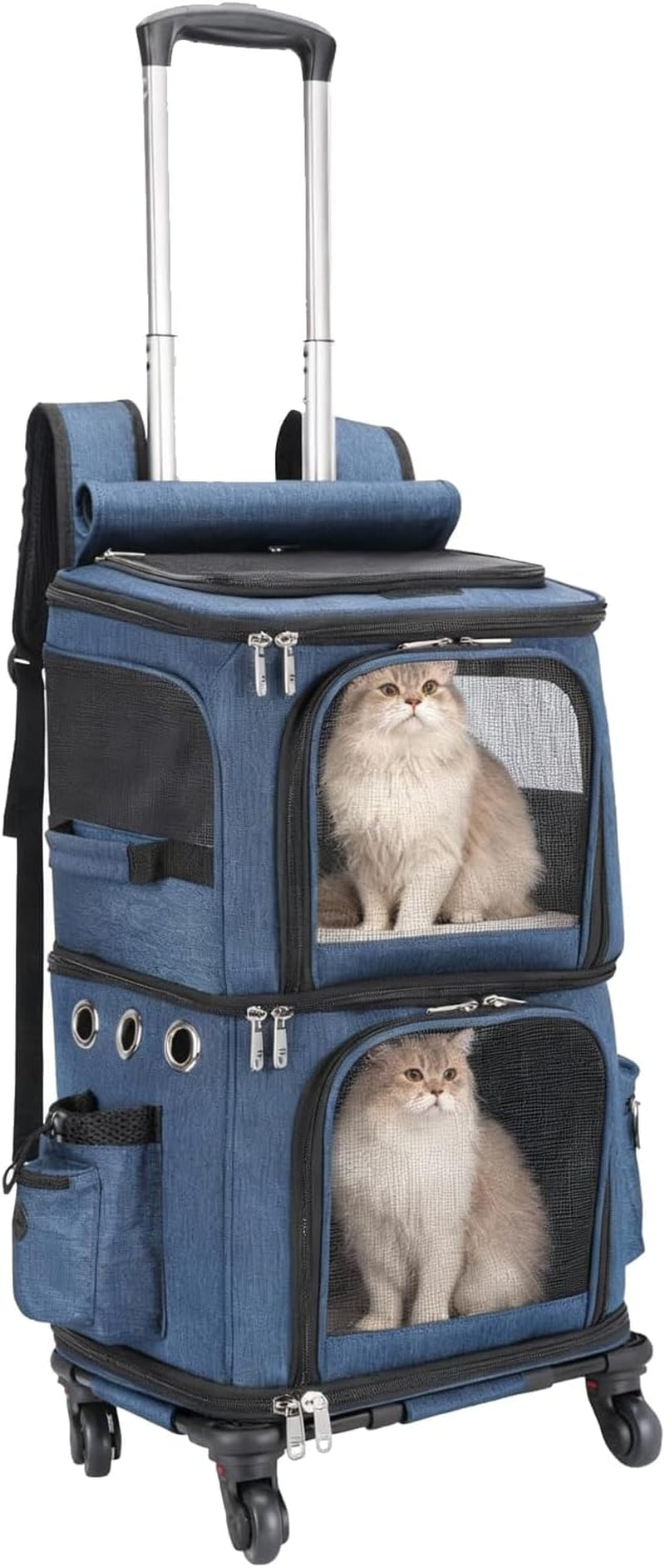 Double-Compartment Pet Carrier Backpack with Wheels for Small Cats and Dogs, Cat Rolling Carrier for 2 Cats, Perfect for Traveling/Taking a Walk/Trips to the Vet, Black