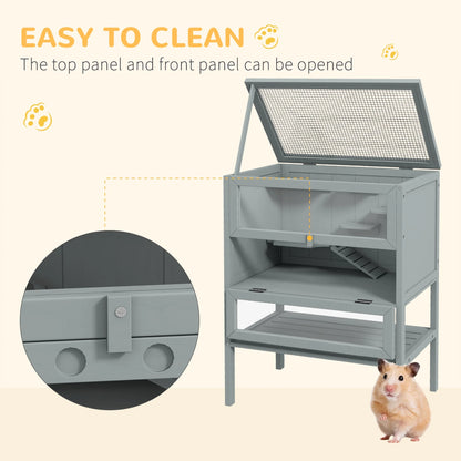 3-Tier Wooden Hamster Cage W/ Openable Top, Front Door, Shelf, Gray