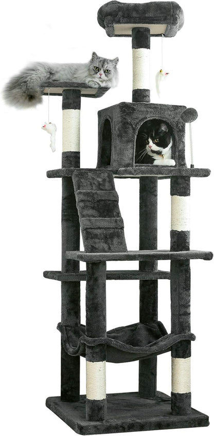 63.8 Inches Multi-Level Cat Tree for Large Cats with Sisal-Covered Scratching Posts, Padded Platform, Hammock and Condo,Stable Cat Tower Cat Condo Pet Play House-Light Gray