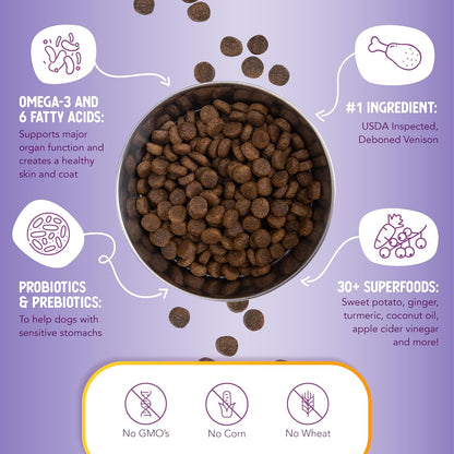 Dry Dog Food, Natural Food with Added Vitamins & Minerals, Suitable for All Puppies, Include Venison & Sweet Potato Recipe with Whole Vegetable & Berries (4 Pound)