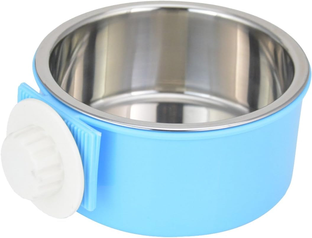 Crate Dog Bowl Removable Stainless Steel Water Food Feeder Bowls Cage Coop Cup for Cat Puppy Bird Pets (Large, Blue with Corrugated Clip)