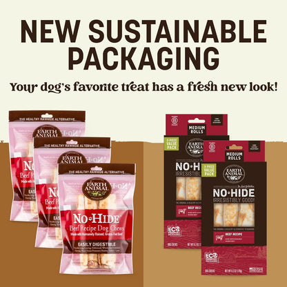 No Hide Chews - Long Lasting Rawhide Free Medium Dog Chews Rolls, Beef - 6 Count