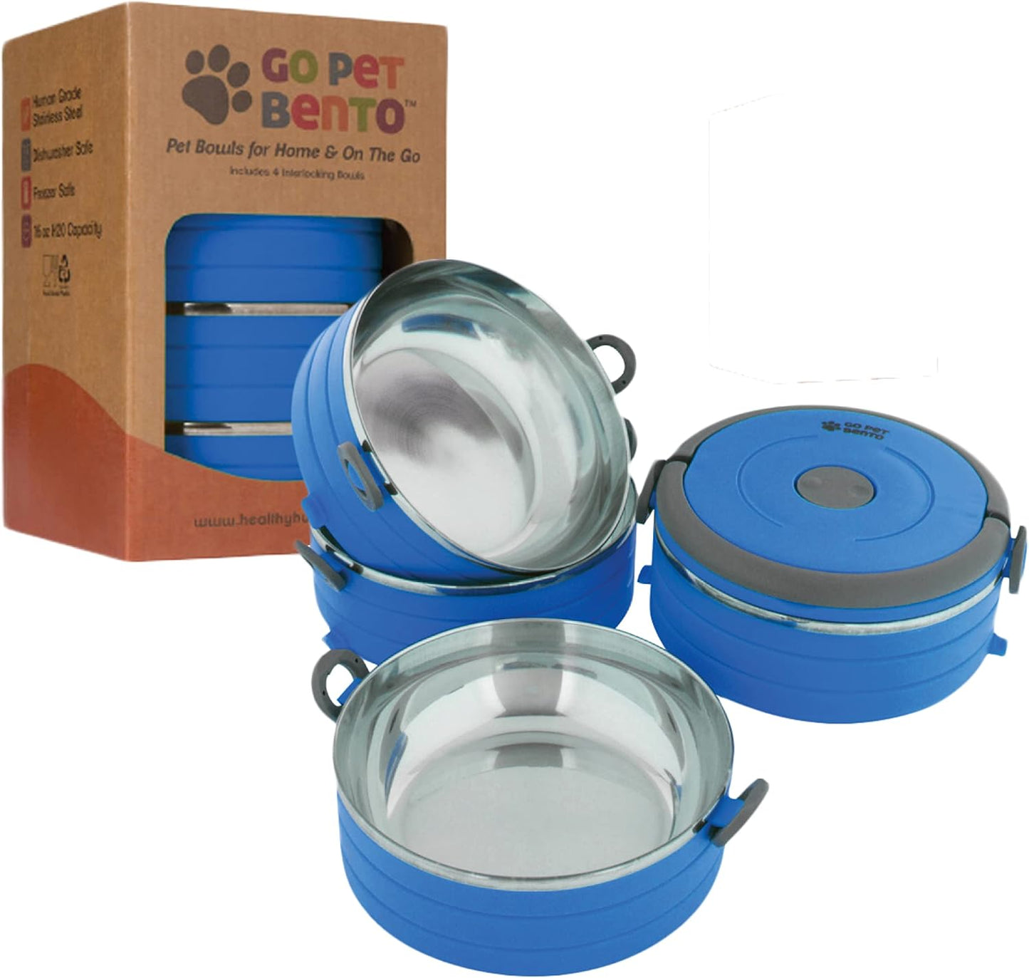 Travel Pet Bento Bowls - Human-Grade Stainless Steel & Bpa-Free, Leak-Proof Water & Food Container Set for Dogs & Cats, 4-Pack Interlocking Bowls, Includes Spare Clips & Handle (Pink)