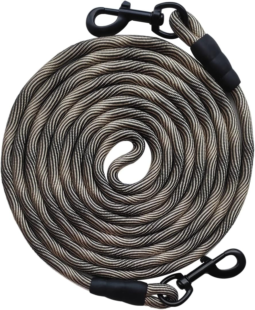 Tie-Out Check Cord Long Rope Dog Tether, 8Ft 12Ft 20Ft 30Ft 50Ft Dog Lead for Yard, Large Medium Dogs Oudoor Training, Playing, Camping, or Backyard (30Ft, Beige Black)