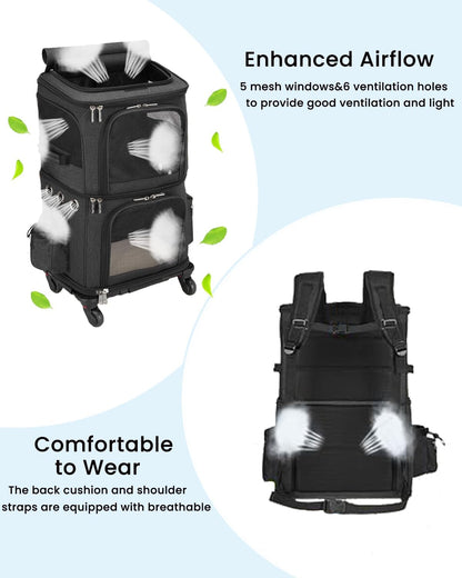 Double-Compartment Pet Carrier Backpack with Wheels for Small Cats and Dogs, Cat Rolling Carrier for 2 Cats, Perfect for Traveling/Taking a Walk/Trips to the Vet, Black