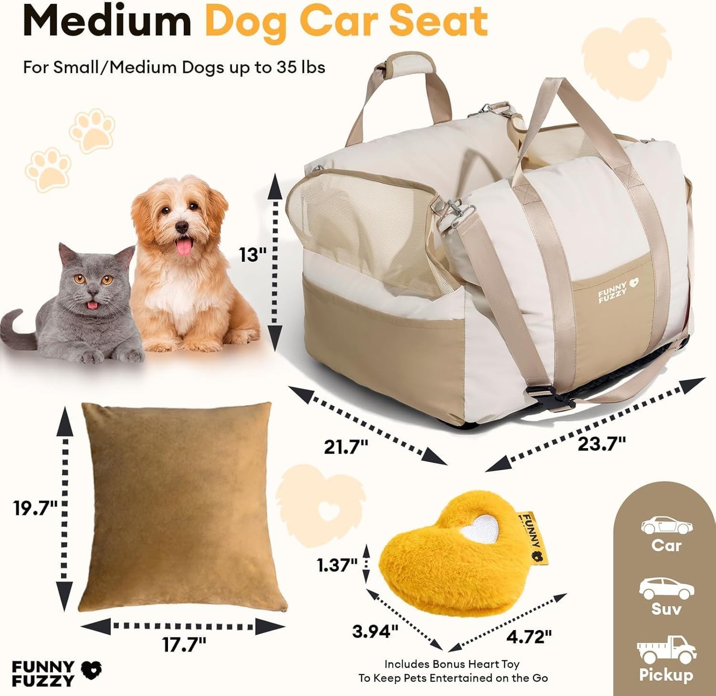Waterproof Dog Car Seat for Small & Medium Dogs up to 35Lbs,Fully Detachable and Washable Dog Travel Carrier＆Pet Car Seat Bed with Thick Cushion, Breathable Mesh,Adjustable Straps(Beige)