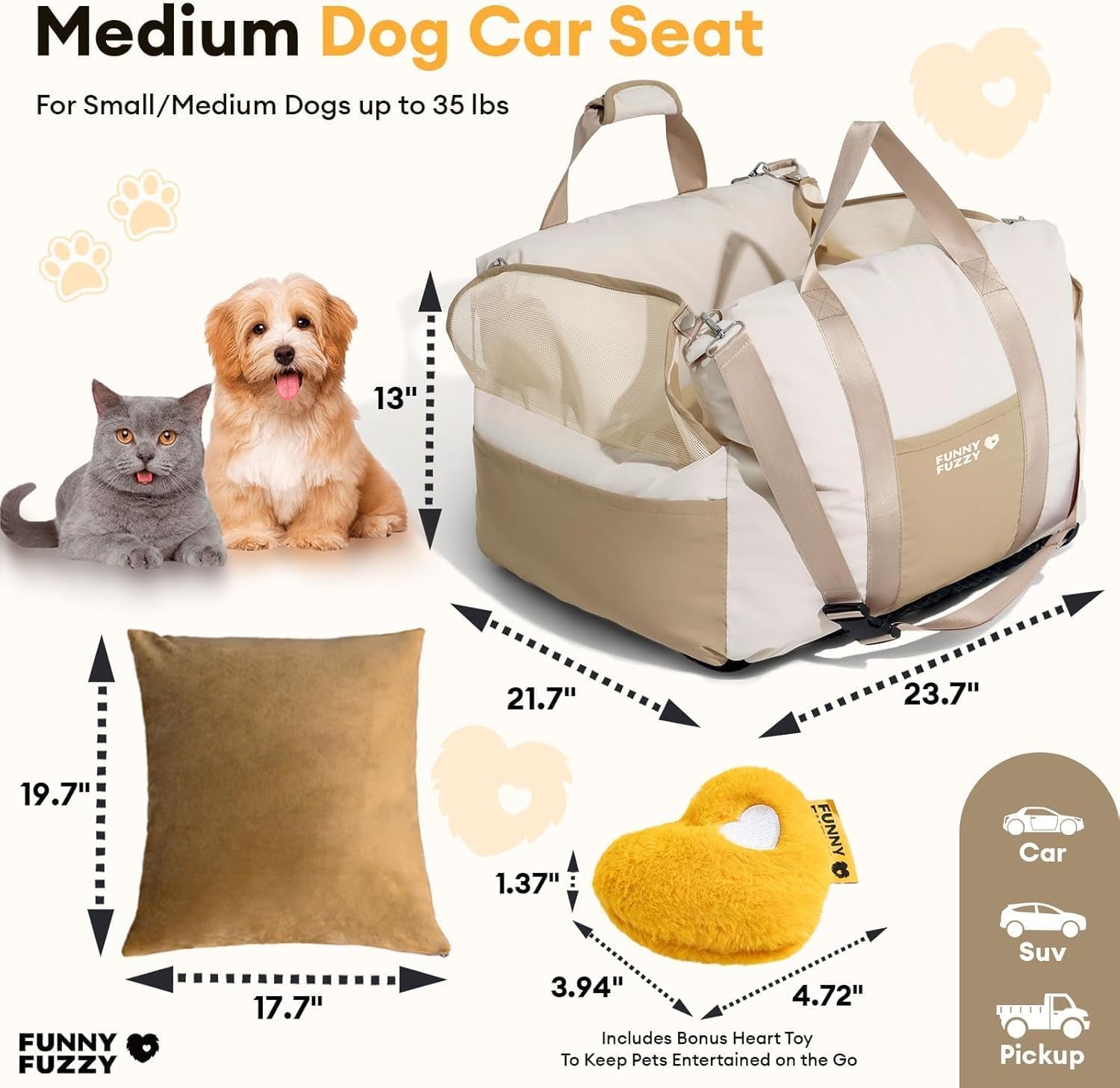 Waterproof Dog Car Seat for Small & Medium Dogs up to 35Lbs,Fully Detachable and Washable Dog Travel Carrier＆Pet Car Seat Bed with Thick Cushion, Breathable Mesh,Adjustable Straps(Beige)