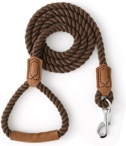 Dog Leash, Braided Cotton Rope Leashes with Leather Tip - Heavy Duty Metal Clasp, 4FT, 1/2" Thick - Wedding, Walking & Training Leash for Small Medium Large Dogs (Dark Brown)