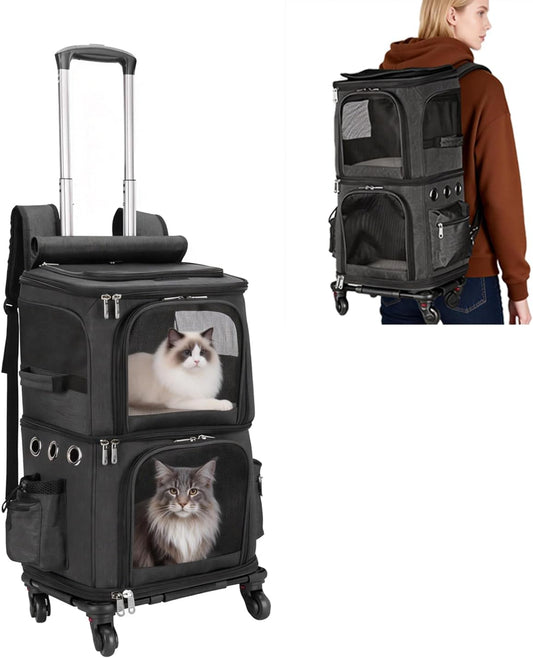 Double-Compartment Pet Carrier Backpack with Wheels for Small Cats and Dogs, Cat Rolling Carrier for 2 Cats, Perfect for Traveling/Taking a Walk/Trips to the Vet, Black