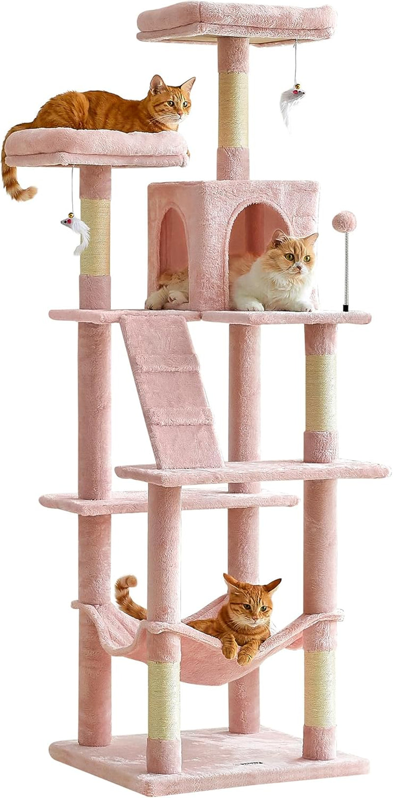 63.8 Inches Multi-Level Cat Tree for Large Cats with Sisal-Covered Scratching Posts, Padded Platform, Hammock and Condo,Stable Cat Tower Cat Condo Pet Play House-Light Gray