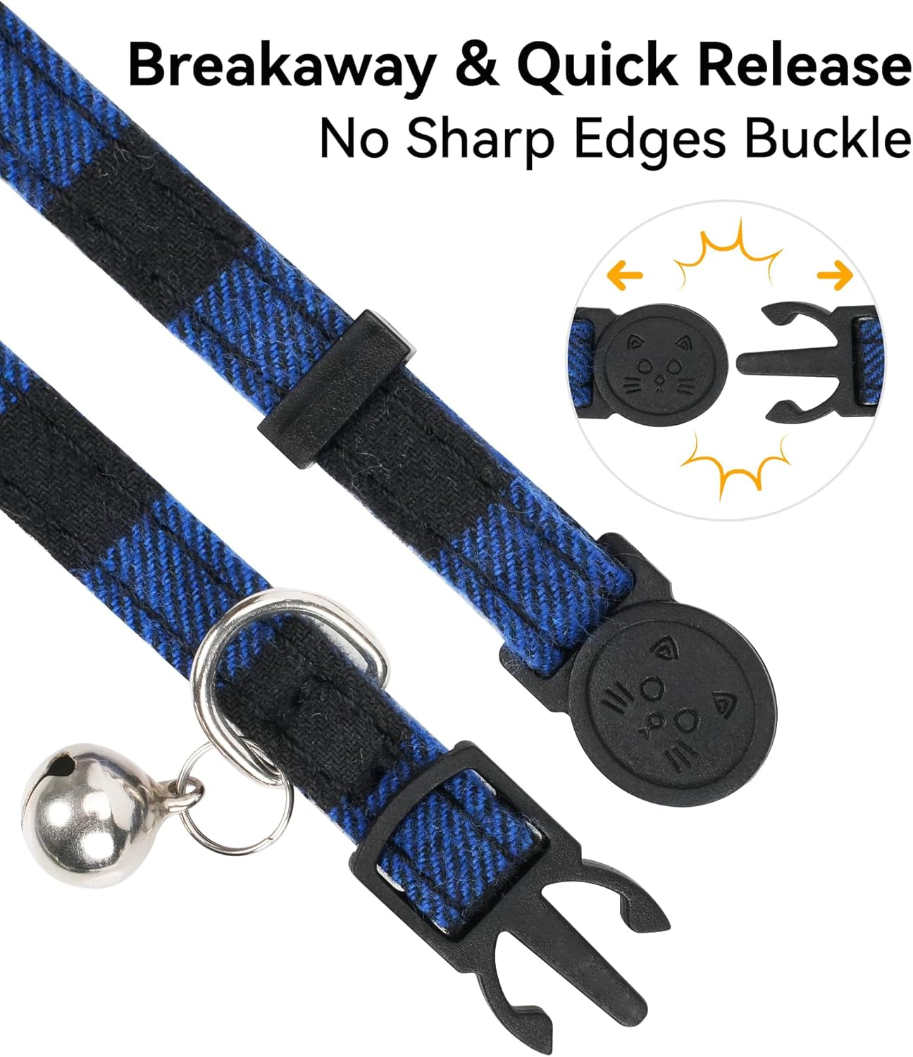 Upgraded Cat Collar with Bells, Breakaway Cat Collars with Bow Tie, 1 Pack Girl Boy Safety Plaid Kitten Collars, Blue