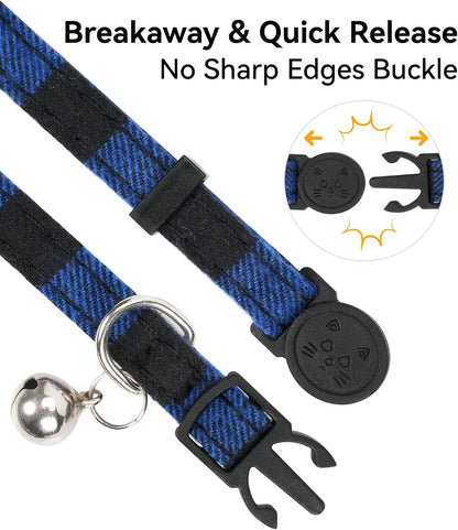 Upgraded Cat Collar with Bells, Breakaway Cat Collars with Bow Tie, 1 Pack Girl Boy Safety Plaid Kitten Collars, Blue