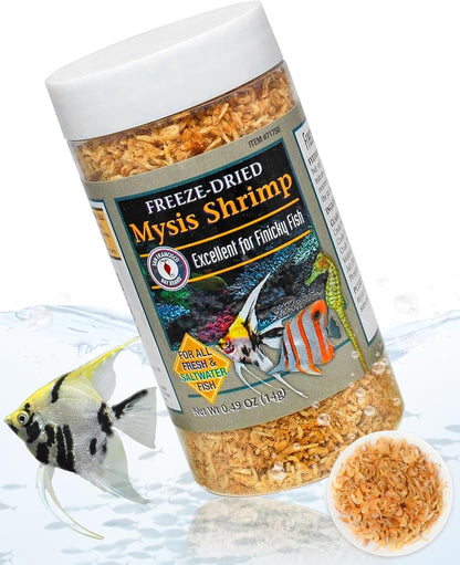 Freeze-Dried Mysis Shrimp - Premium Fish Food, Tropical Fish Food, Shrimp Food - Ideal for Freshwater and Saltwater Fish, Cichlids, Angels, Seahorses - 0.49 Oz (14G)