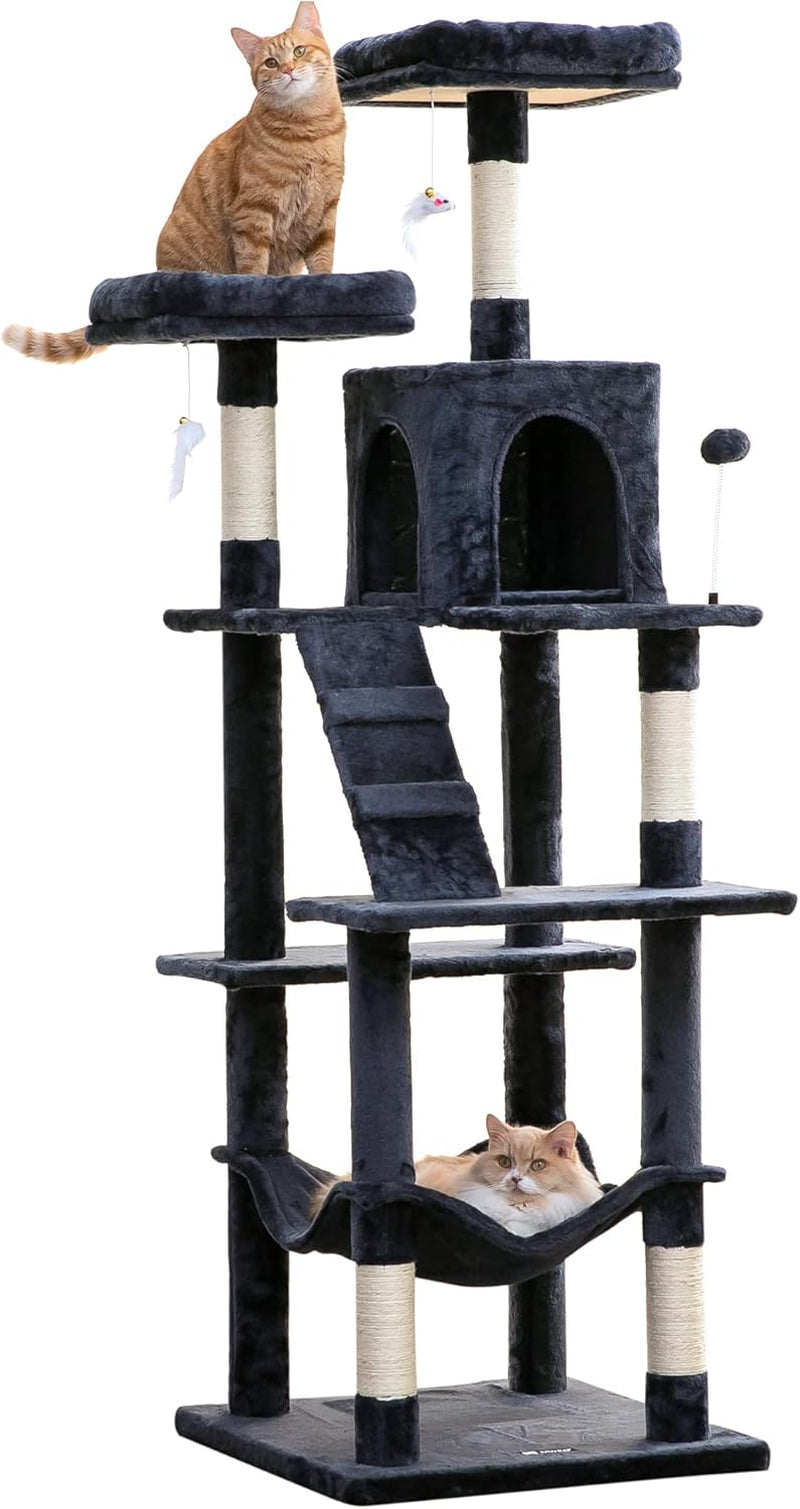 63.8 Inches Multi-Level Cat Tree for Large Cats with Sisal-Covered Scratching Posts, Padded Platform, Hammock and Condo,Stable Cat Tower Cat Condo Pet Play House-Smoky Gray
