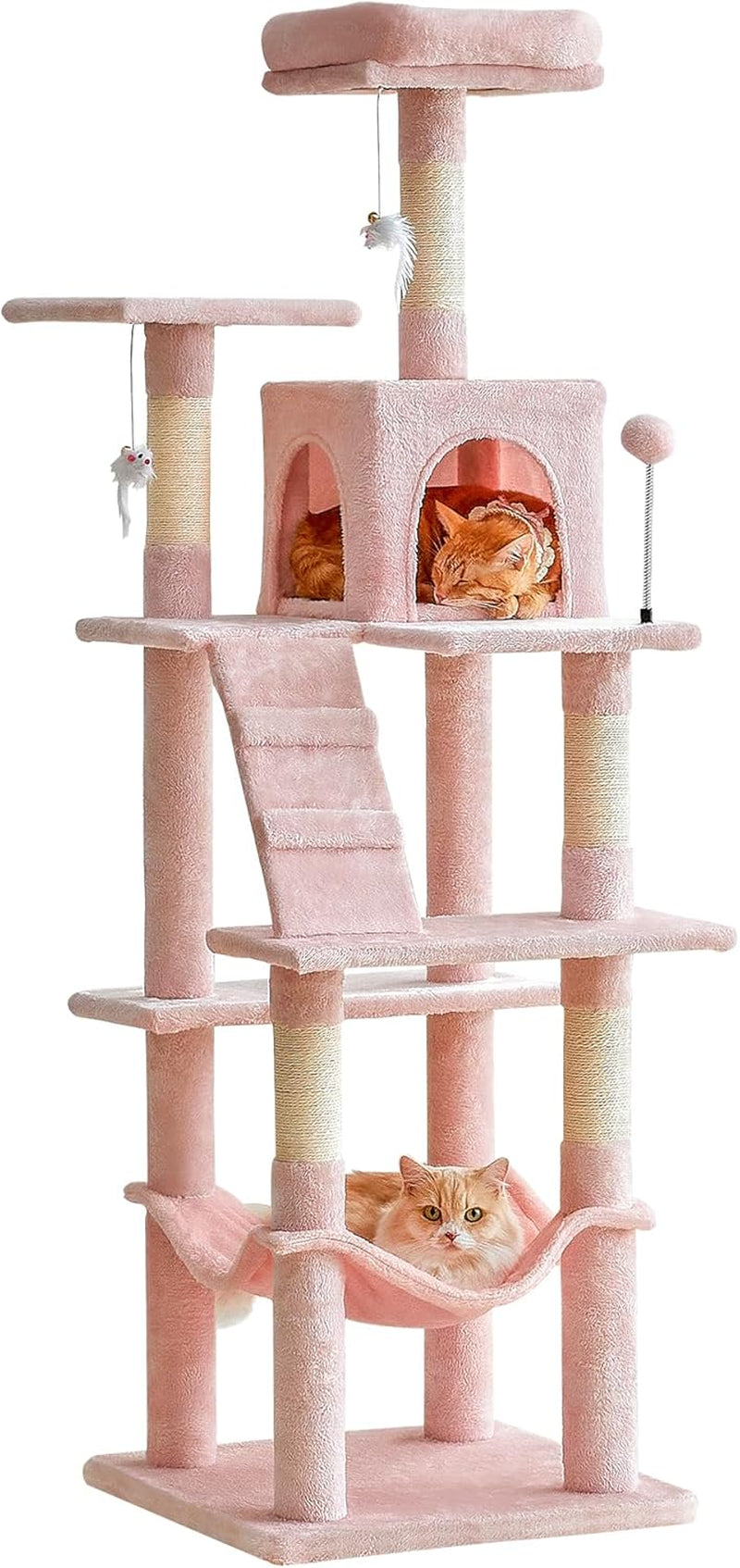 63.8 Inches Multi-Level Cat Tree for Large Cats with Sisal-Covered Scratching Posts, Padded Platform, Hammock and Condo,Stable Cat Tower Cat Condo Pet Play House-Light Gray