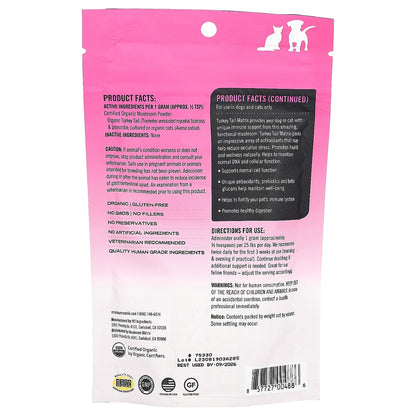 Turkey Tail, Certified Organic Mushroom Powder, for 25 Lb Pet, for Dogs And