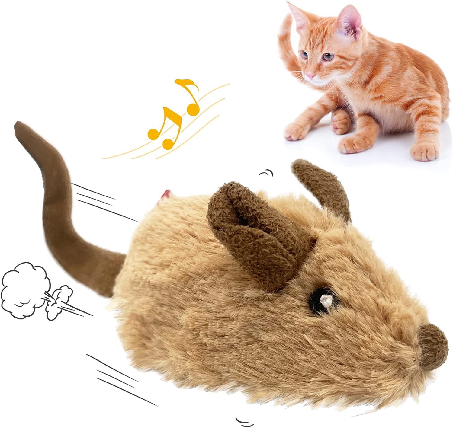 Interactive Cat Toys for Indoor Cats, Cat Mouse Toys with Electronic Realistic Squeaky Sound, Automatic Moving Kitten Toys Electric Mice Toy Self Play Exercise(Orange Ear)