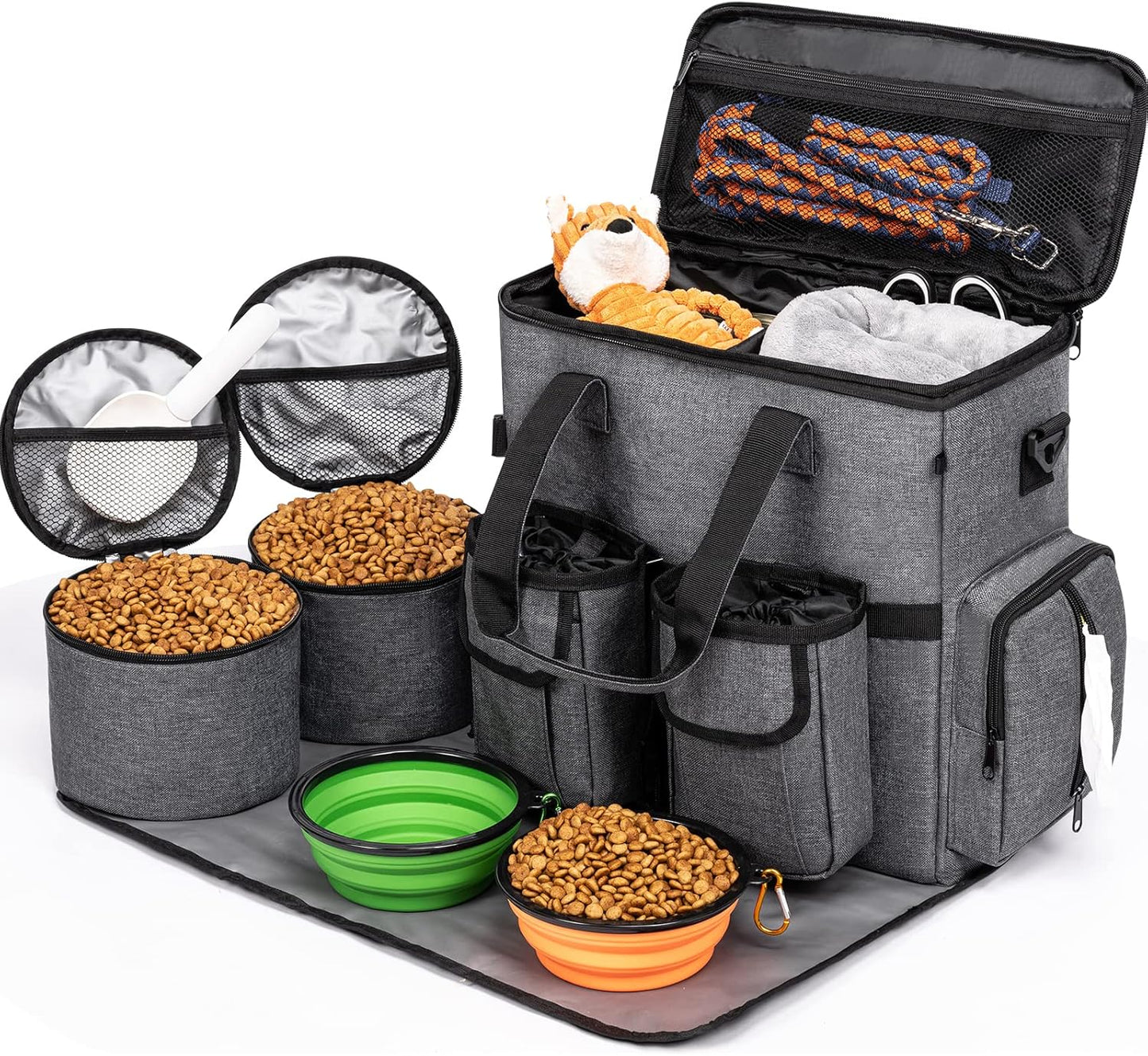 Dog Travel Bag Backpack, Airline Approved Pet Accessories Organizer for Dog and Cat with Shoulder Strap, 2 Dog Food Storage Containers, 2 Collapsible Dog Bowls,1 Pet Mat, Rose Red
