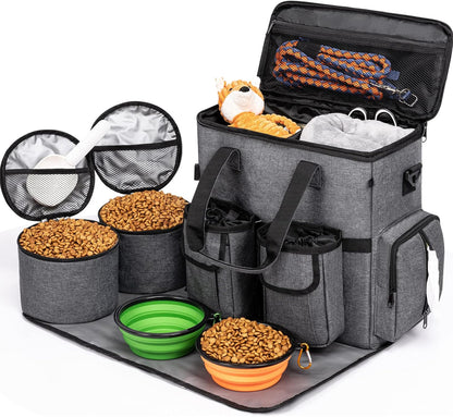 Dog Travel Bag Backpack, Airline Approved Pet Accessories Organizer for Dog and Cat with Shoulder Strap, 2 Dog Food Storage Containers, 2 Collapsible Dog Bowls,1 Pet Mat, Rose Red