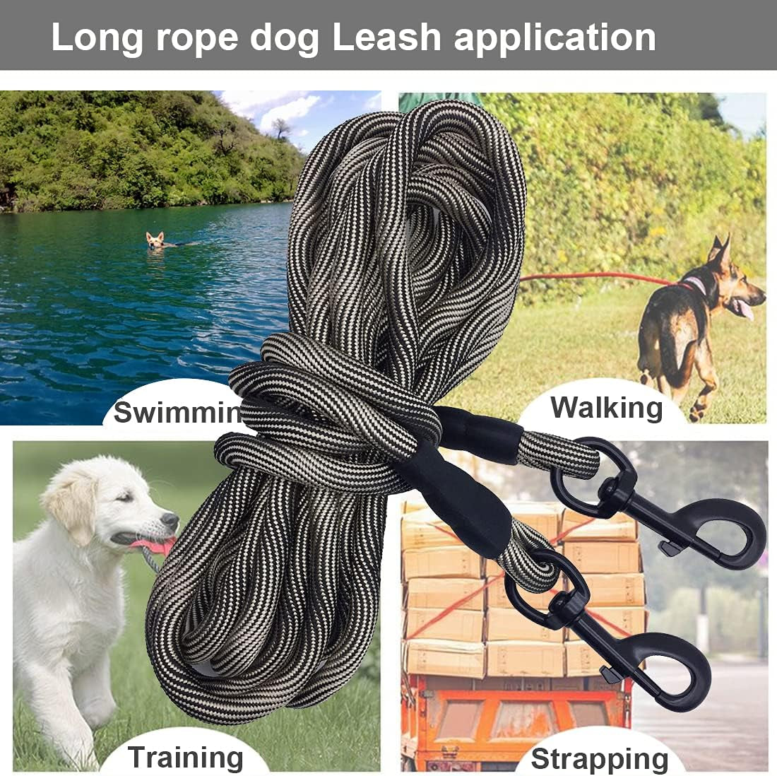 Tie-Out Check Cord Long Rope Dog Tether, 8Ft 12Ft 20Ft 30Ft 50Ft Dog Lead for Yard, Large Medium Dogs Oudoor Training, Playing, Camping, or Backyard (30Ft, Beige Black)