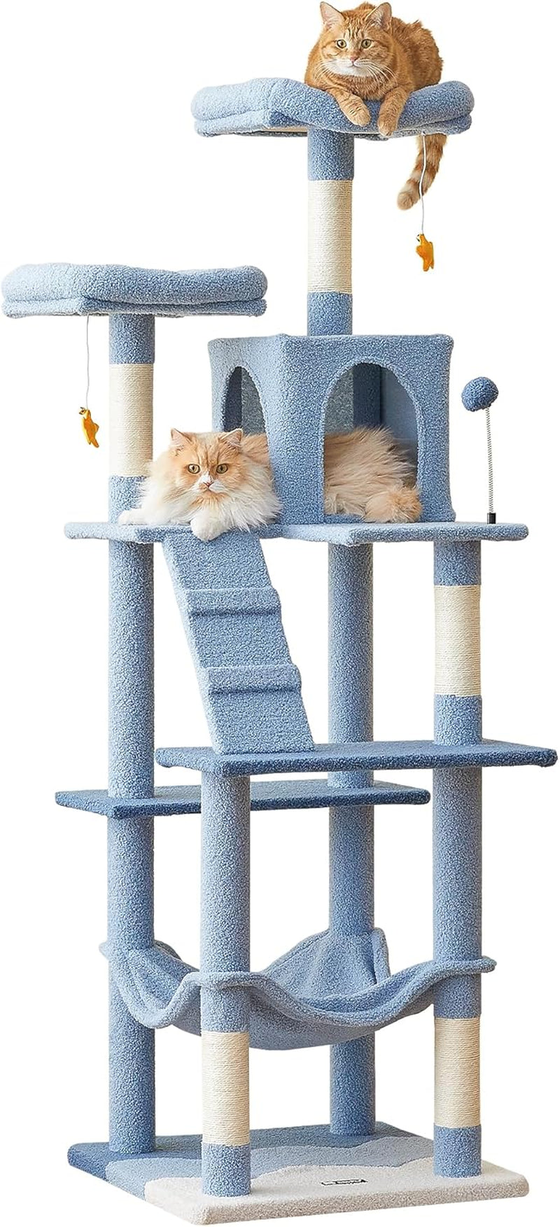 63.8 Inches Multi-Level Cat Tree for Large Cats with Sisal-Covered Scratching Posts, Padded Platform, Hammock and Condo,Stable Cat Tower Cat Condo Pet Play House-Smoky Gray