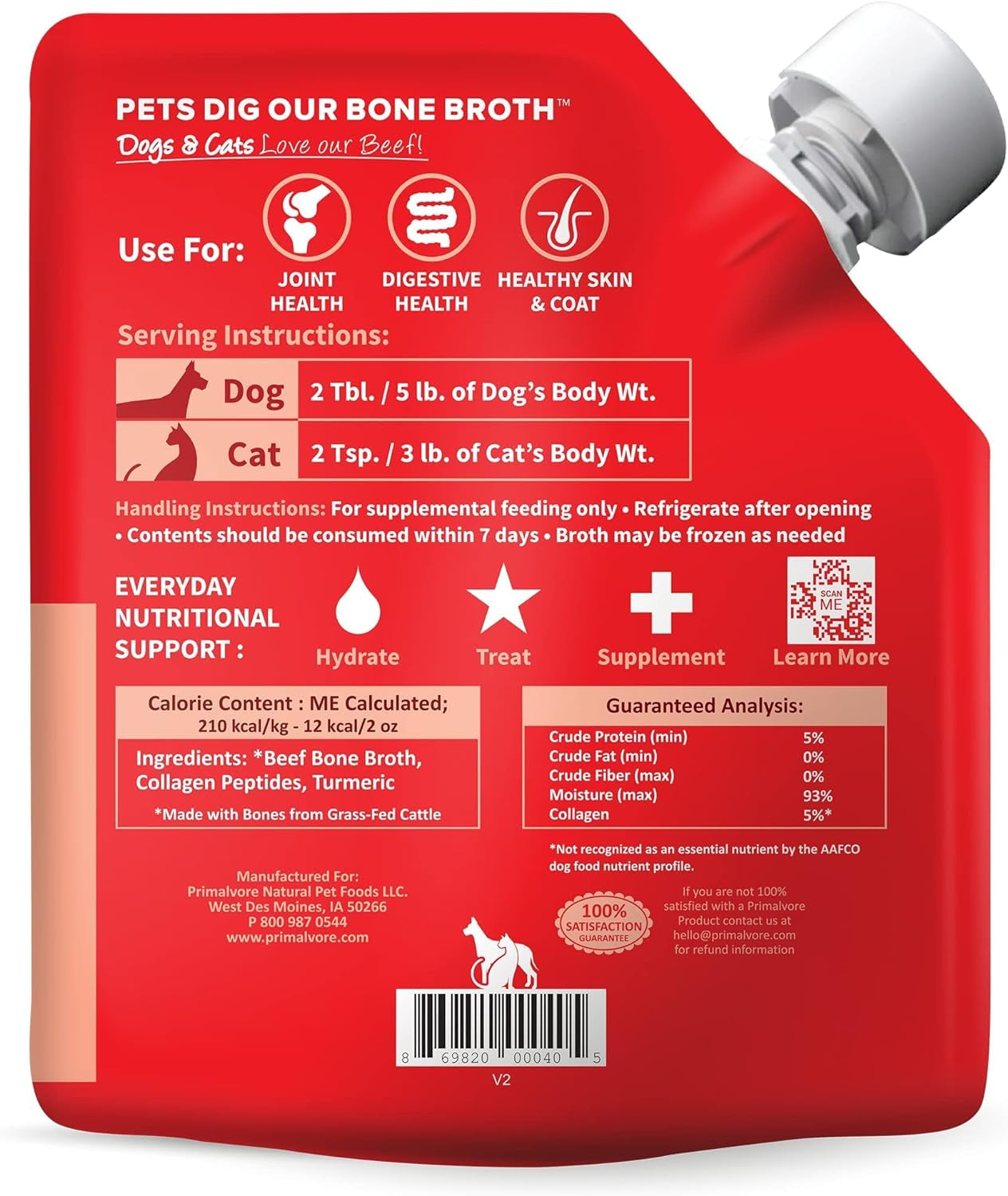 Grass-Fed Beef Bone Broth for Dogs &Cats, Mobility Formula W/Collagen Peptides to Help Support Hip & Joints, Digestion, Skin & Coat and Hydration, Human Grade, Made in USA. Beef 2 Pack