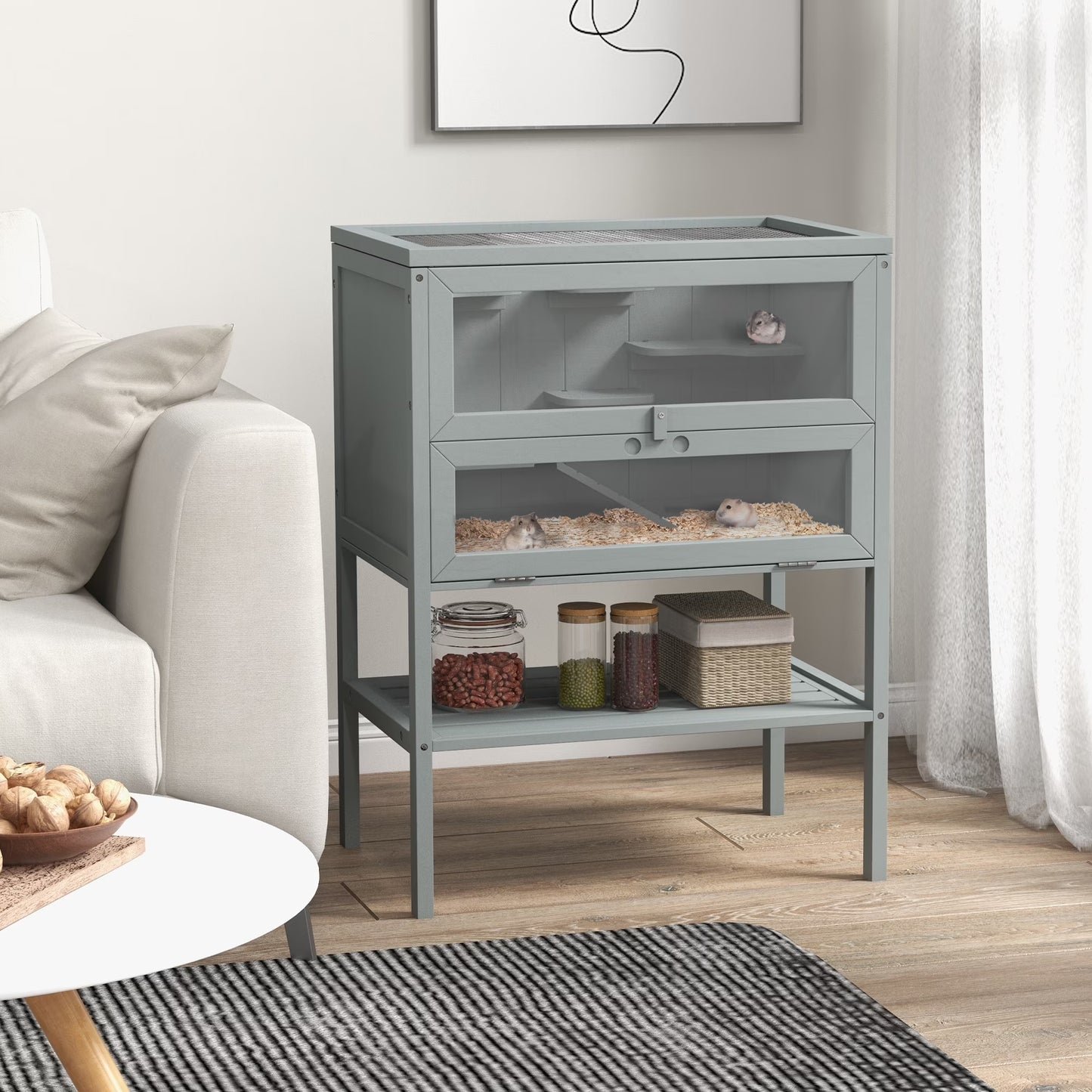 3-Tier Wooden Hamster Cage W/ Openable Top, Front Door, Shelf, Gray