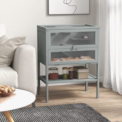 3-Tier Wooden Hamster Cage W/ Openable Top, Front Door, Shelf, Gray